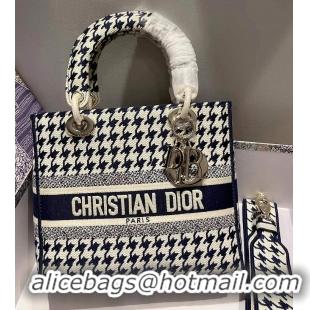 Best Quality Dior Medium Lady D-Lite Bag in Houndstooth Embroidery 120213 Blue