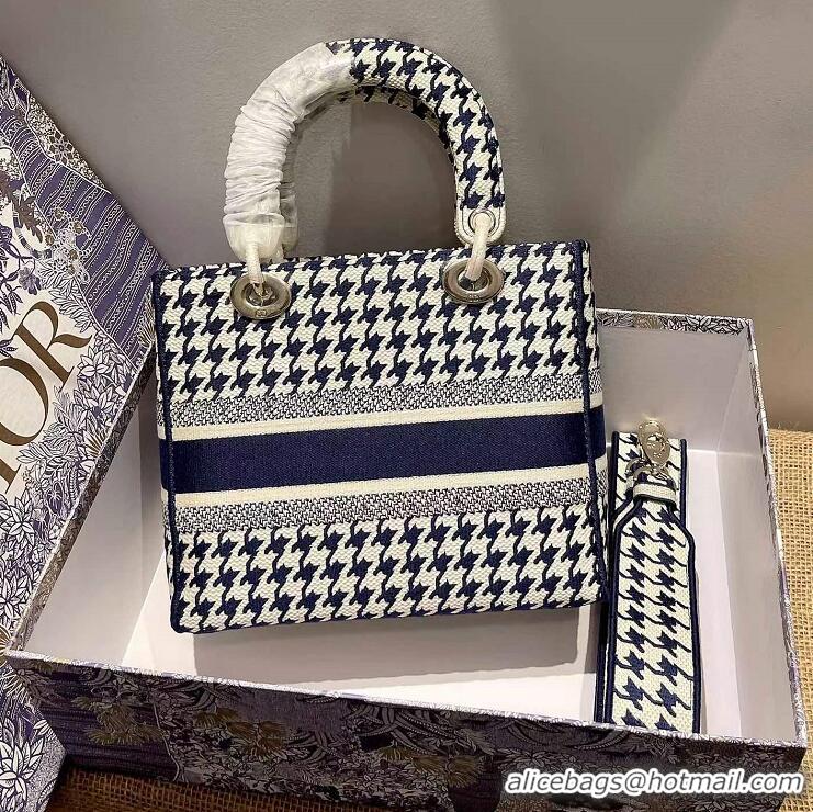 Best Quality Dior Medium Lady D-Lite Bag in Houndstooth Embroidery 120213 Blue