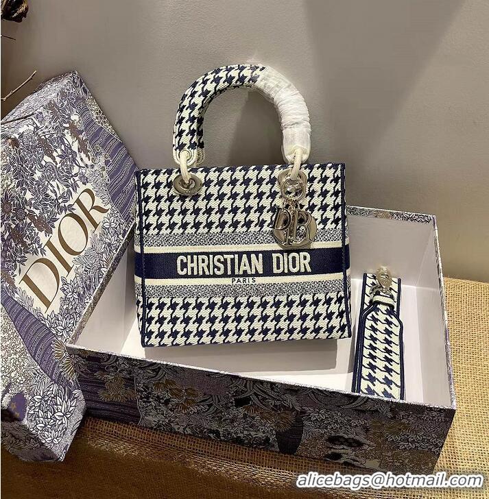 Best Quality Dior Medium Lady D-Lite Bag in Houndstooth Embroidery 120213 Blue