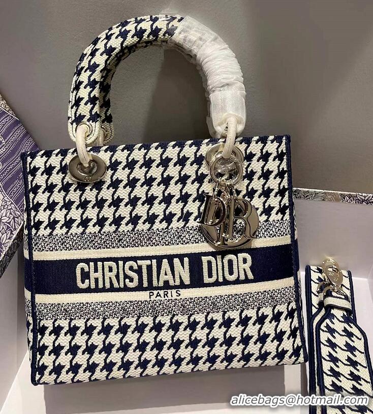 Best Quality Dior Medium Lady D-Lite Bag in Houndstooth Embroidery 120213 Blue