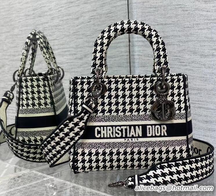 Most Popular Dior Medium Lady D-Lite Bag in Houndstooth Embroidery 120213 Black