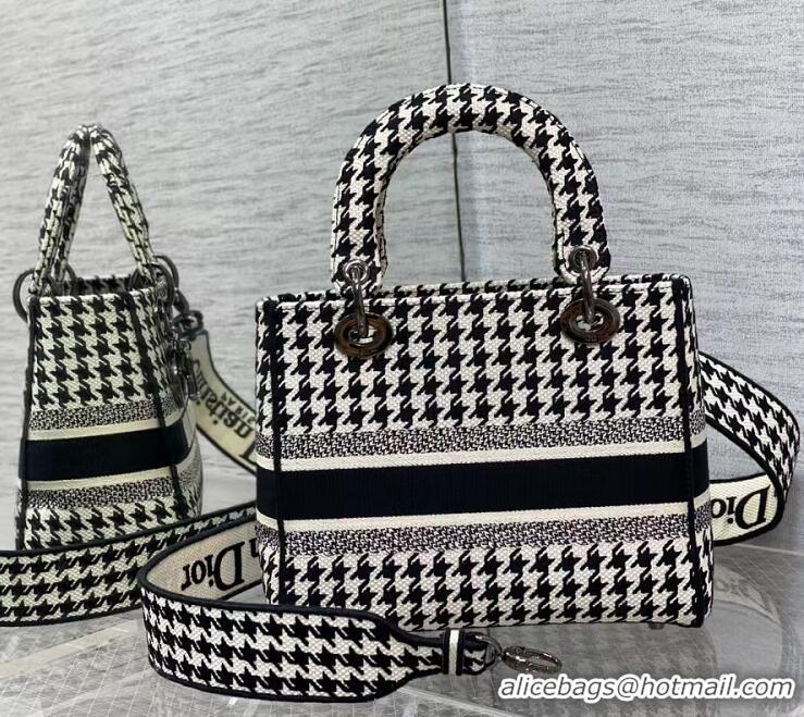 Most Popular Dior Medium Lady D-Lite Bag in Houndstooth Embroidery 120213 Black