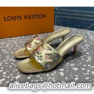 Grade Quality Louis Vuitton Revival Heel Slide Sandals 5.5cm in Floral Monogram Leather Gold 921106