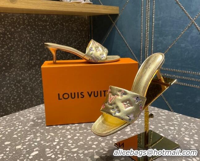 Grade Quality Louis Vuitton Revival Heel Slide Sandals 5.5cm in Floral Monogram Leather Gold 921106