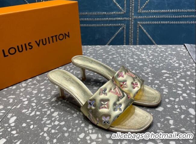 Grade Quality Louis Vuitton Revival Heel Slide Sandals 5.5cm in Floral Monogram Leather Gold 921106