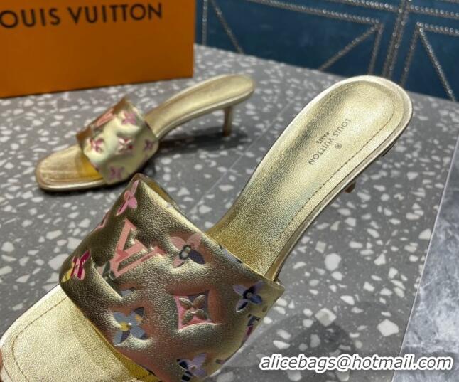 Grade Quality Louis Vuitton Revival Heel Slide Sandals 5.5cm in Floral Monogram Leather Gold 921106