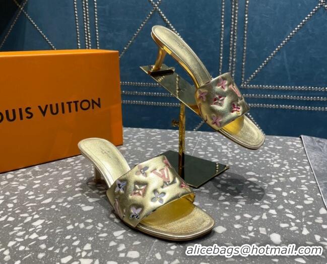 Grade Quality Louis Vuitton Revival Heel Slide Sandals 5.5cm in Floral Monogram Leather Gold 921106