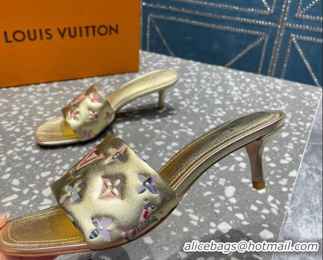 Grade Quality Louis Vuitton Revival Heel Slide Sandals 5.5cm in Floral Monogram Leather Gold 921106