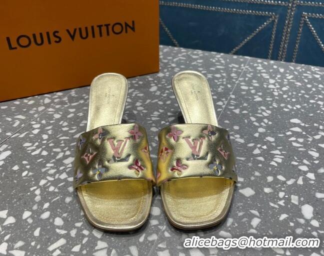 Grade Quality Louis Vuitton Revival Heel Slide Sandals 5.5cm in Floral Monogram Leather Gold 921106