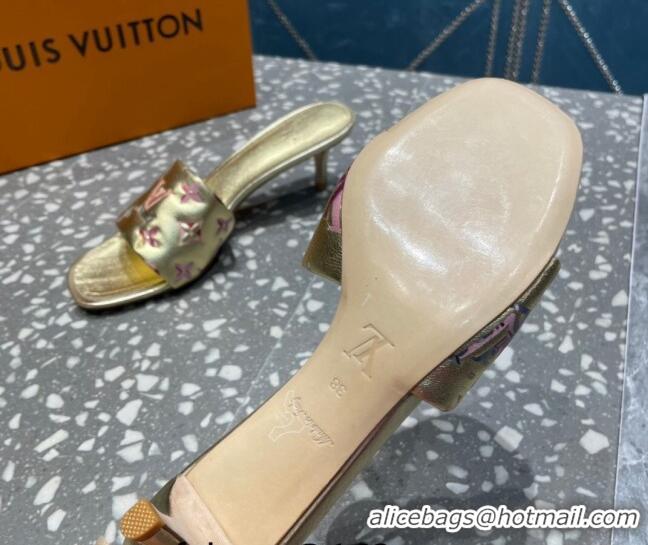 Grade Quality Louis Vuitton Revival Heel Slide Sandals 5.5cm in Floral Monogram Leather Gold 921106