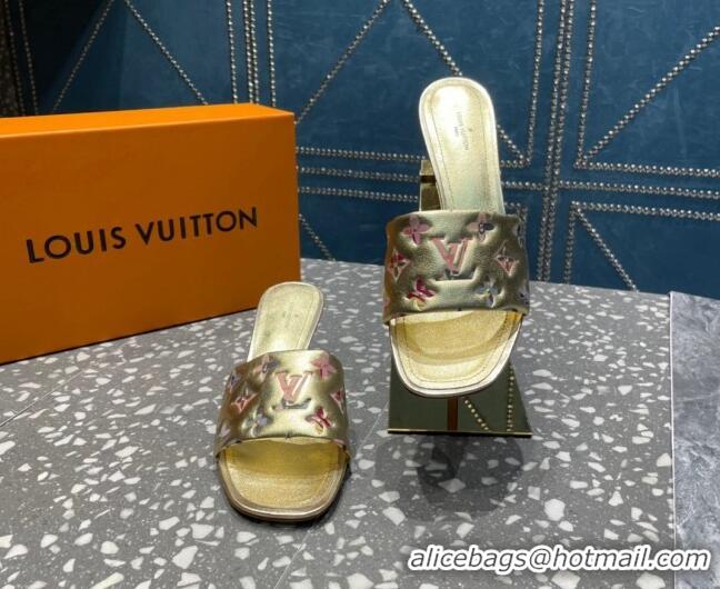 Grade Quality Louis Vuitton Revival Heel Slide Sandals 5.5cm in Floral Monogram Leather Gold 921106