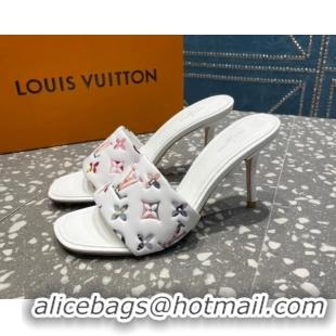 Best Grade Louis Vuitton Revival Heel Slide Sandals 8.5cm in Floral Monogram Leather White 0921107