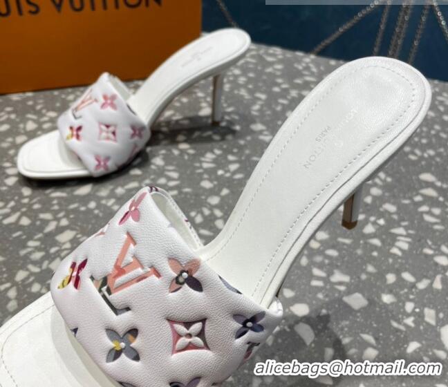 Best Grade Louis Vuitton Revival Heel Slide Sandals 8.5cm in Floral Monogram Leather White 0921107