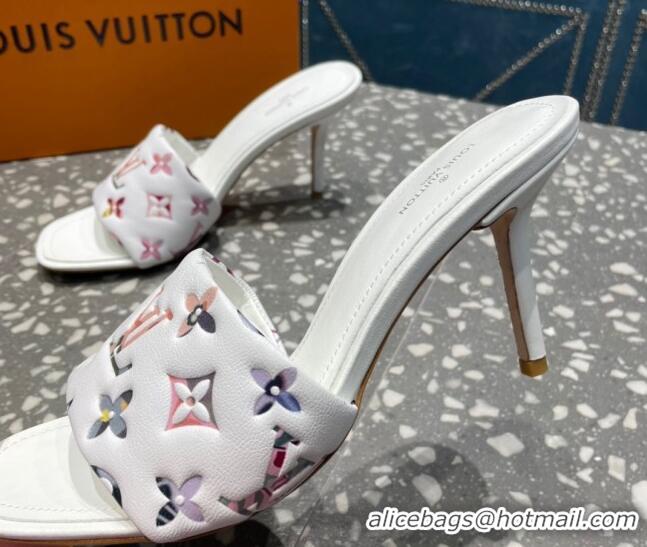 Best Grade Louis Vuitton Revival Heel Slide Sandals 8.5cm in Floral Monogram Leather White 0921107