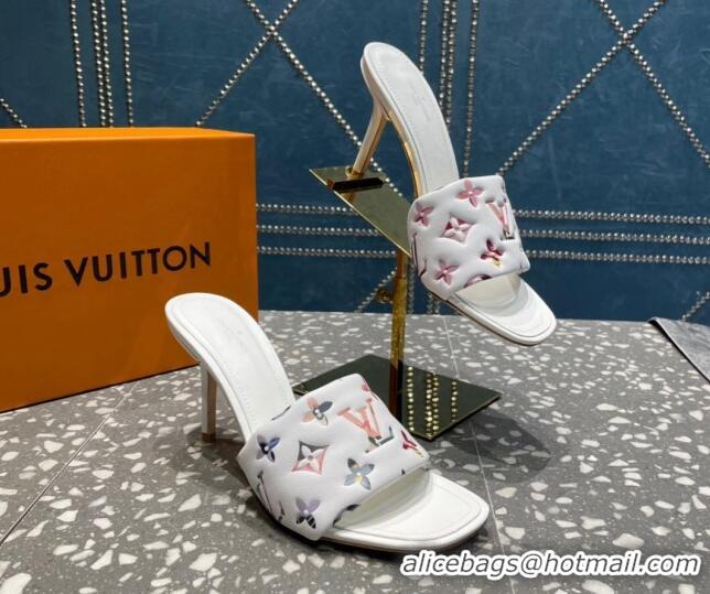 Best Grade Louis Vuitton Revival Heel Slide Sandals 8.5cm in Floral Monogram Leather White 0921107