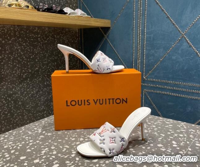 Best Grade Louis Vuitton Revival Heel Slide Sandals 8.5cm in Floral Monogram Leather White 0921107