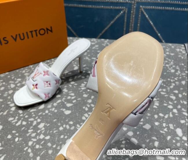 Best Grade Louis Vuitton Revival Heel Slide Sandals 8.5cm in Floral Monogram Leather White 0921107