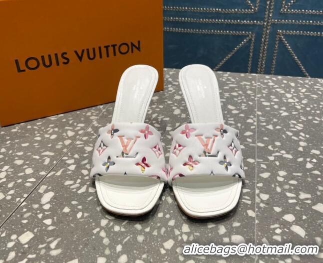 Best Grade Louis Vuitton Revival Heel Slide Sandals 8.5cm in Floral Monogram Leather White 0921107