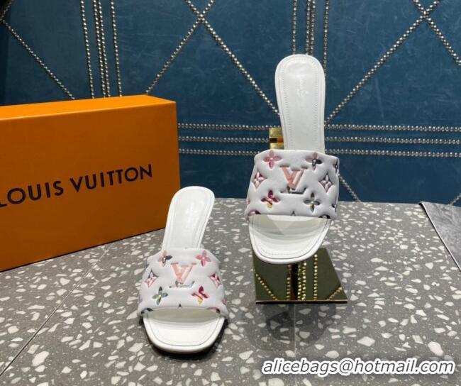 Best Grade Louis Vuitton Revival Heel Slide Sandals 8.5cm in Floral Monogram Leather White 0921107