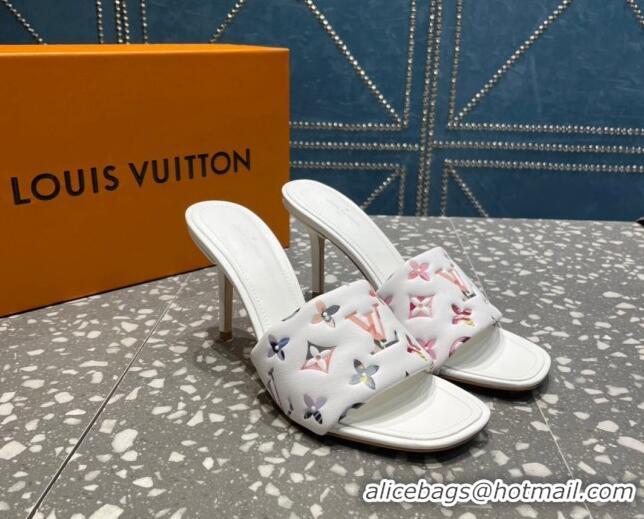 Best Grade Louis Vuitton Revival Heel Slide Sandals 8.5cm in Floral Monogram Leather White 0921107