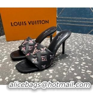 Low Cost Louis Vuitton Revival Heel Slide Sandals 8.5cm in Floral Monogram Leather Black 0921108