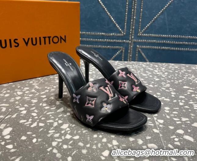 Low Cost Louis Vuitton Revival Heel Slide Sandals 8.5cm in Floral Monogram Leather Black 0921108