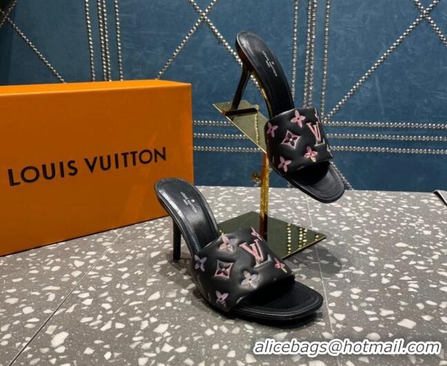 Low Cost Louis Vuitton Revival Heel Slide Sandals 8.5cm in Floral Monogram Leather Black 0921108