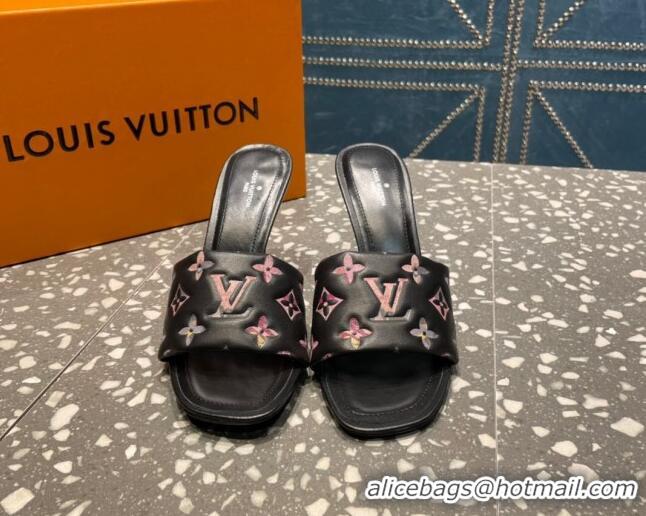 Low Cost Louis Vuitton Revival Heel Slide Sandals 8.5cm in Floral Monogram Leather Black 0921108