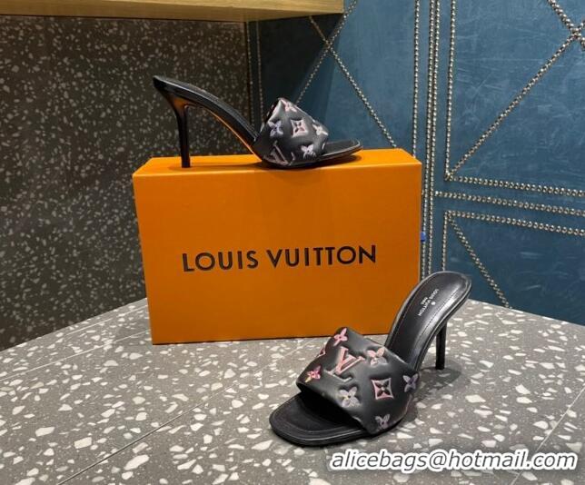 Low Cost Louis Vuitton Revival Heel Slide Sandals 8.5cm in Floral Monogram Leather Black 0921108