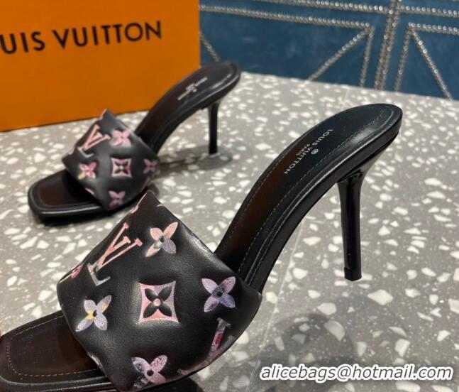 Low Cost Louis Vuitton Revival Heel Slide Sandals 8.5cm in Floral Monogram Leather Black 0921108