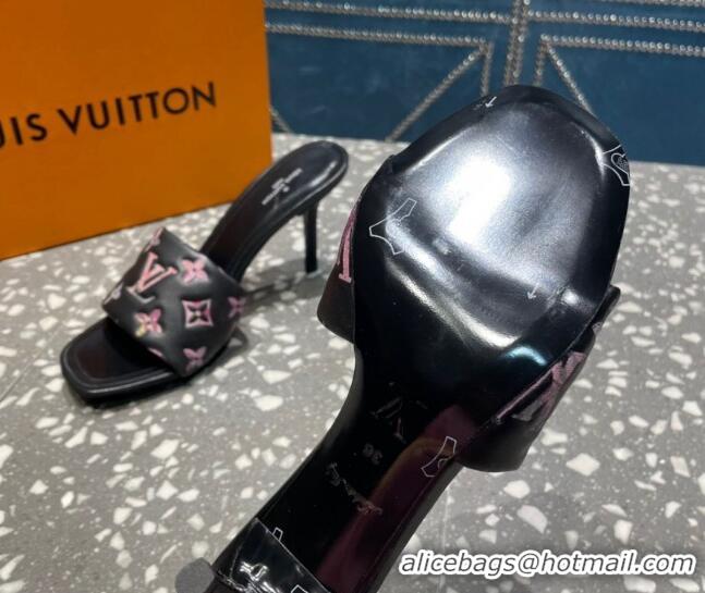 Low Cost Louis Vuitton Revival Heel Slide Sandals 8.5cm in Floral Monogram Leather Black 0921108