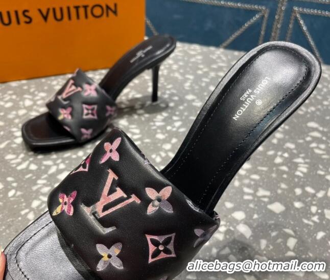 Low Cost Louis Vuitton Revival Heel Slide Sandals 8.5cm in Floral Monogram Leather Black 0921108