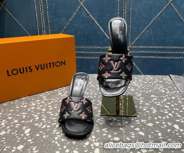 Low Cost Louis Vuitton Revival Heel Slide Sandals 8.5cm in Floral Monogram Leather Black 0921108