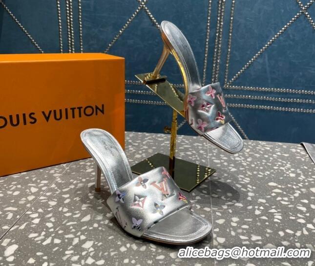 Low Price Louis Vuitton Revival Heel Slide Sandals 8.5cm in Floral Monogram Leather Silver 921109