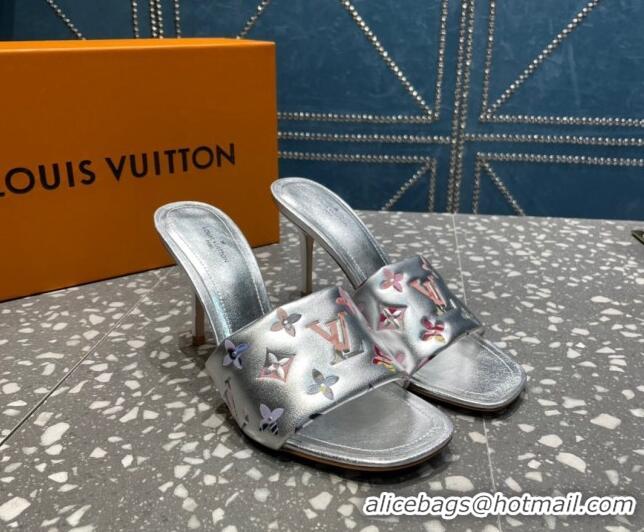 Low Price Louis Vuitton Revival Heel Slide Sandals 8.5cm in Floral Monogram Leather Silver 921109