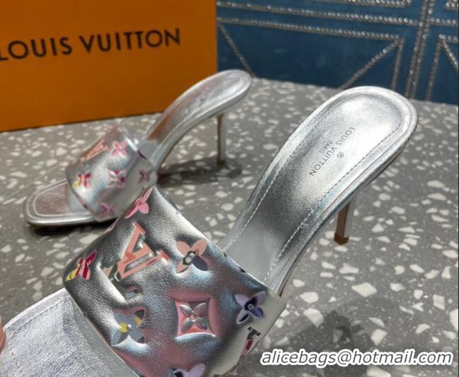 Low Price Louis Vuitton Revival Heel Slide Sandals 8.5cm in Floral Monogram Leather Silver 921109