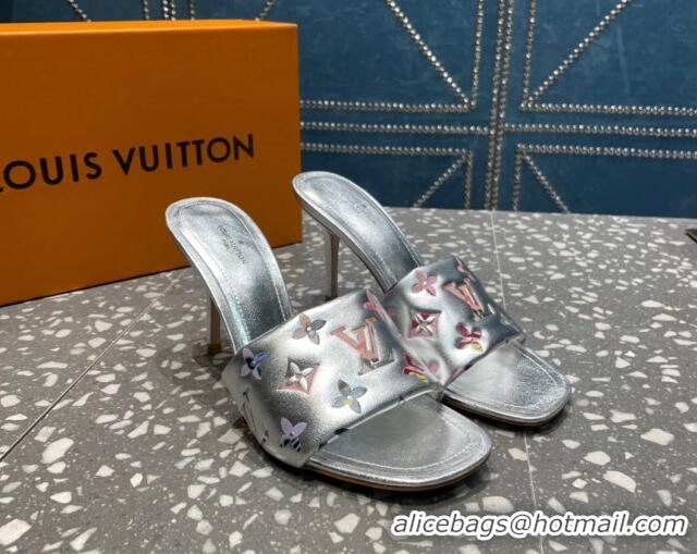 Low Price Louis Vuitton Revival Heel Slide Sandals 8.5cm in Floral Monogram Leather Silver 921109