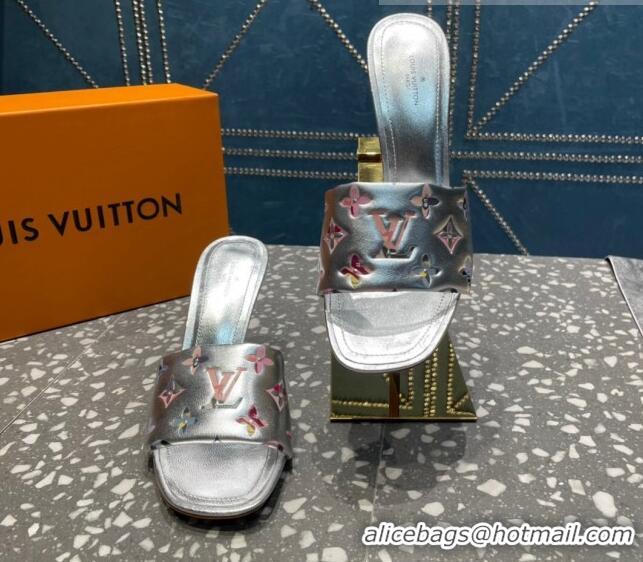 Low Price Louis Vuitton Revival Heel Slide Sandals 8.5cm in Floral Monogram Leather Silver 921109