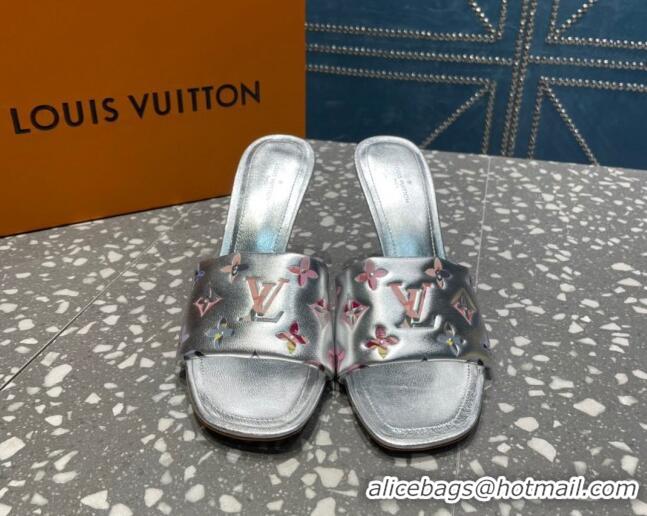 Low Price Louis Vuitton Revival Heel Slide Sandals 8.5cm in Floral Monogram Leather Silver 921109