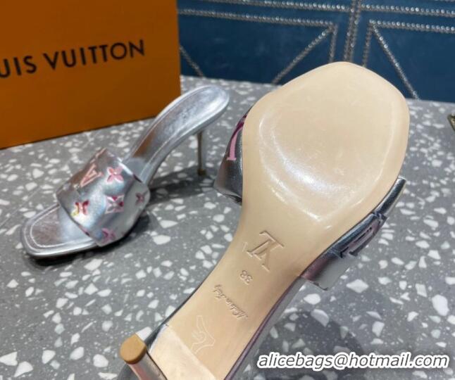 Low Price Louis Vuitton Revival Heel Slide Sandals 8.5cm in Floral Monogram Leather Silver 921109