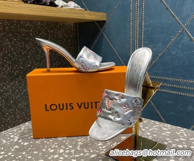 Low Price Louis Vuitton Revival Heel Slide Sandals 8.5cm in Floral Monogram Leather Silver 921109