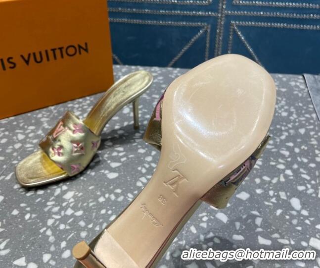 Classic Hot Louis Vuitton Revival Heel Slide Sandals 8.5cm in Floral Monogram Leather Gold 0921110