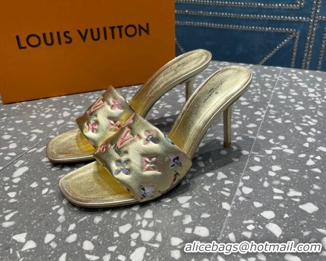 Classic Hot Louis Vuitton Revival Heel Slide Sandals 8.5cm in Floral Monogram Leather Gold 0921110