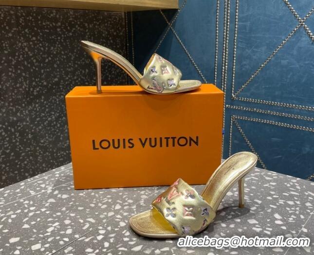 Classic Hot Louis Vuitton Revival Heel Slide Sandals 8.5cm in Floral Monogram Leather Gold 0921110