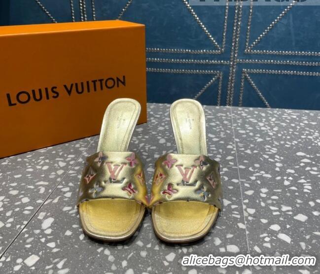 Classic Hot Louis Vuitton Revival Heel Slide Sandals 8.5cm in Floral Monogram Leather Gold 0921110