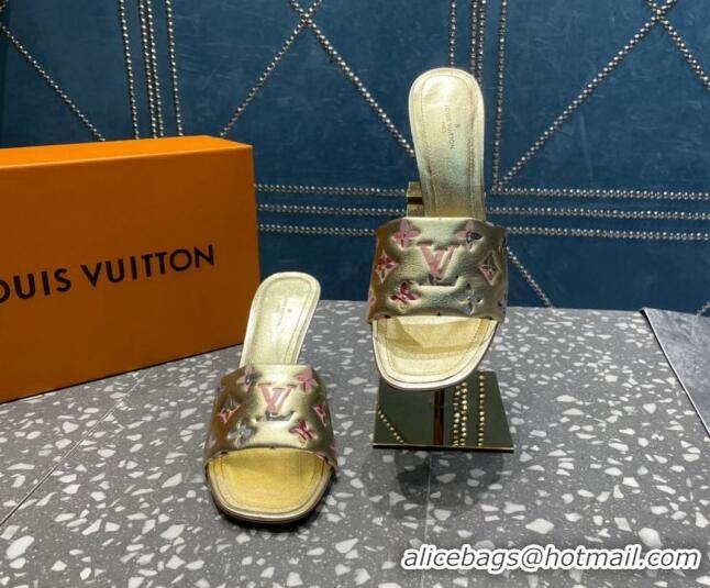 Classic Hot Louis Vuitton Revival Heel Slide Sandals 8.5cm in Floral Monogram Leather Gold 0921110