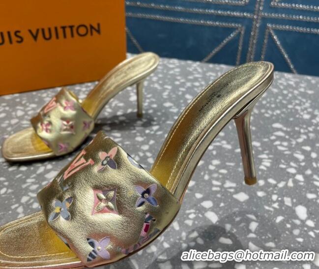 Classic Hot Louis Vuitton Revival Heel Slide Sandals 8.5cm in Floral Monogram Leather Gold 0921110