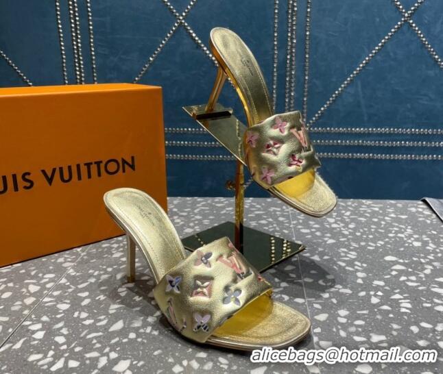 Classic Hot Louis Vuitton Revival Heel Slide Sandals 8.5cm in Floral Monogram Leather Gold 0921110