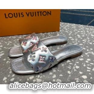 Luxury Louis Vuitton Revival Flat Slide Sandals in Floral Monogram Leather Silver 0921111