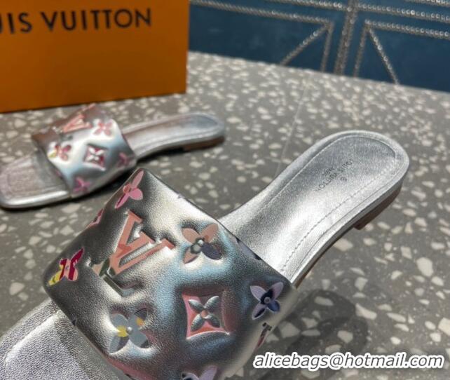 Luxury Louis Vuitton Revival Flat Slide Sandals in Floral Monogram Leather Silver 0921111